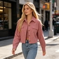 thumbnail image 4 of CBASIHI Womens Cropped Corduroy Jackets- Casual Vintage Loose Fit Classic Collar Long Sleeve Lightweight Button Down Shackets Pink Size S-2XL, 4 of 8