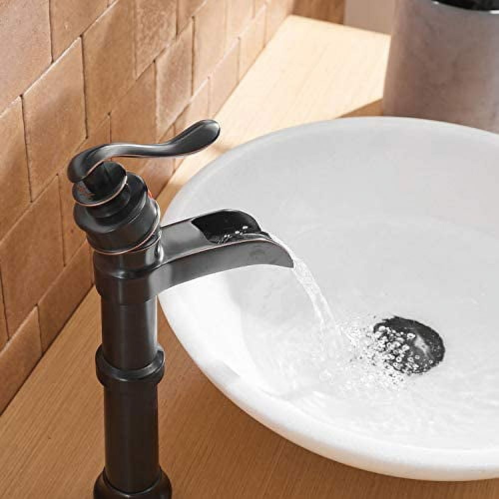 Oil Rubbed Bronze Vessel Sink Faucet Waterfall with Pop Up Drain Assembly and Single-Handle Hole Supply Hose Lead-Free Vanity Lavatory Bathroom Faucet Mixer Tap