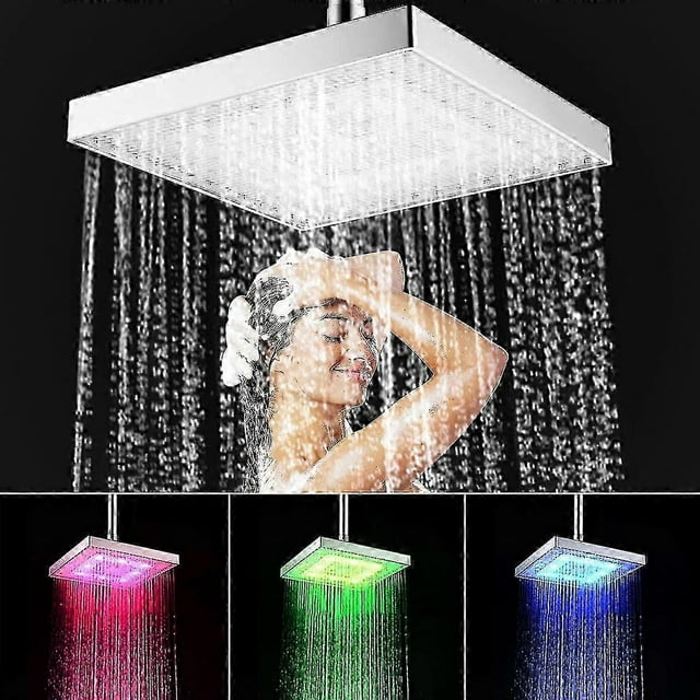 8 Inch Chrome Rainfall Led Shower Head 7 Colors Changing Temperature Controlled High-pressure Bathroom Shower Head