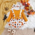 thumbnail image 2 of Byoo Infant Girl's Halloween Pumpkin Ghost All Over Print Clothes Set Waffle Knit Ruffle Strap Romper Bow Decor Jumpsuit,Beige, 2 of 8