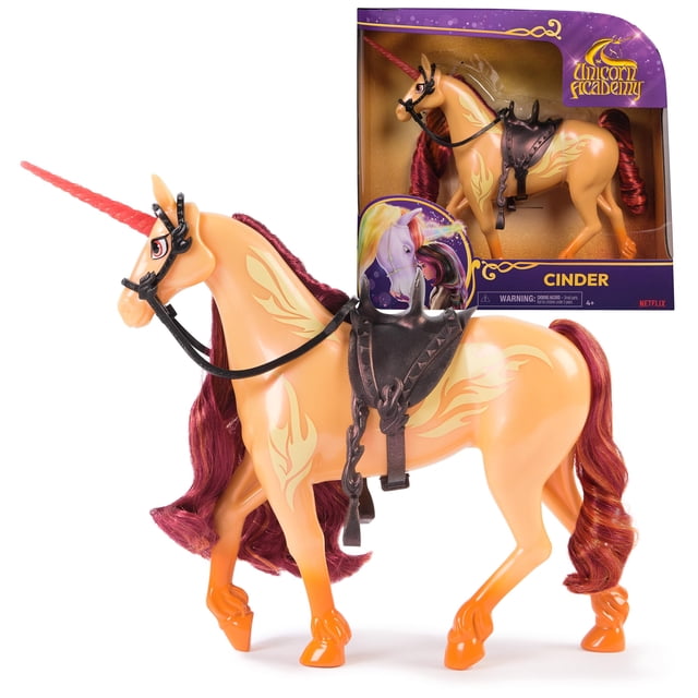 Toy Unicorn Academy Cinder con 2 accesorios de equitación, 28 cm