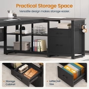 71 Executive Desk with Power Outlets, Modern L Shaped Office Desk with File Drawers and Pegboard, Large Computer Desk, Gray