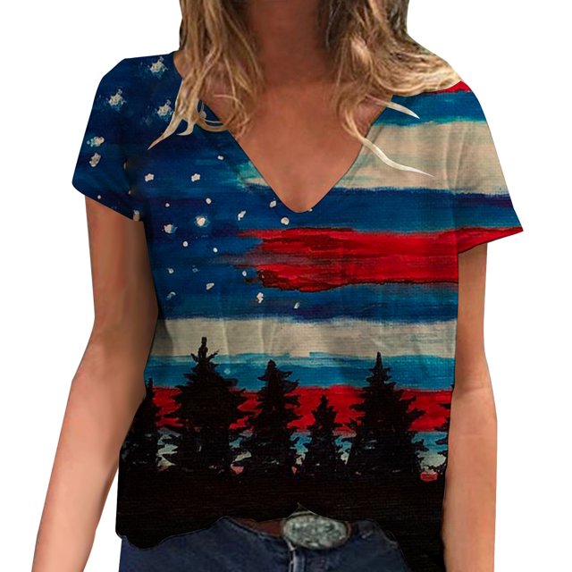 Moda para mujer Tops Printe Casual Loose Fit Camisetas Blusa Estampado con cuello en V Camisa Pompotops hkajfhjk466090