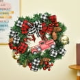 thumbnail image 3 of Christmas Buffalo Plaid Bow Door Wreath Artificial Pine Cones Bell Garland Decor, 3 of 18