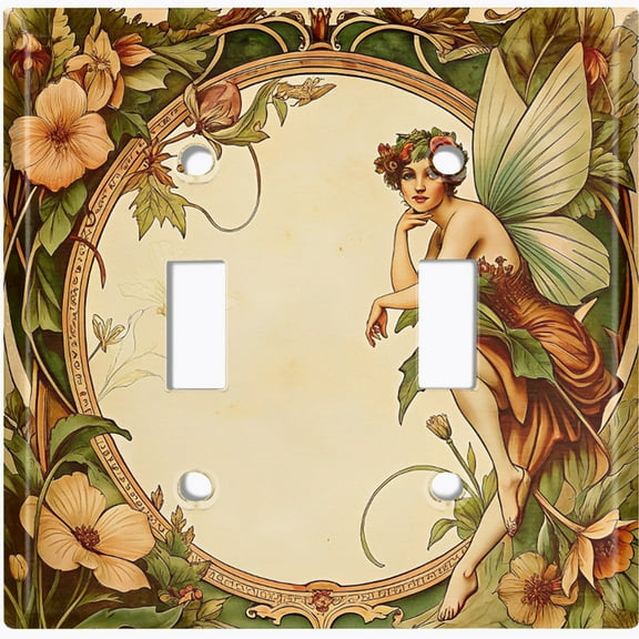 Metal Light Switch Wall Plate Outlet Cover (Printed Image of Fairy with Floral Border - Double Toggle)