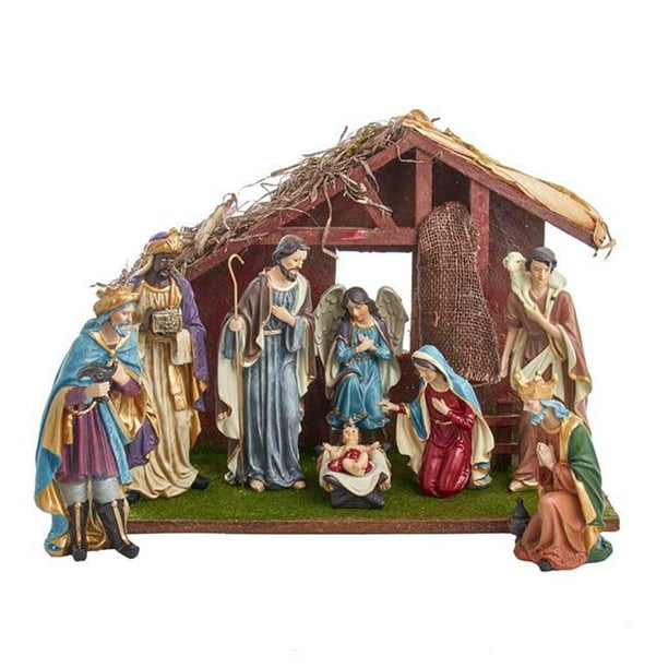 Kurt Adler N1033 9 x 12 in. Nativity Set with Wooden Stable 8 Piece