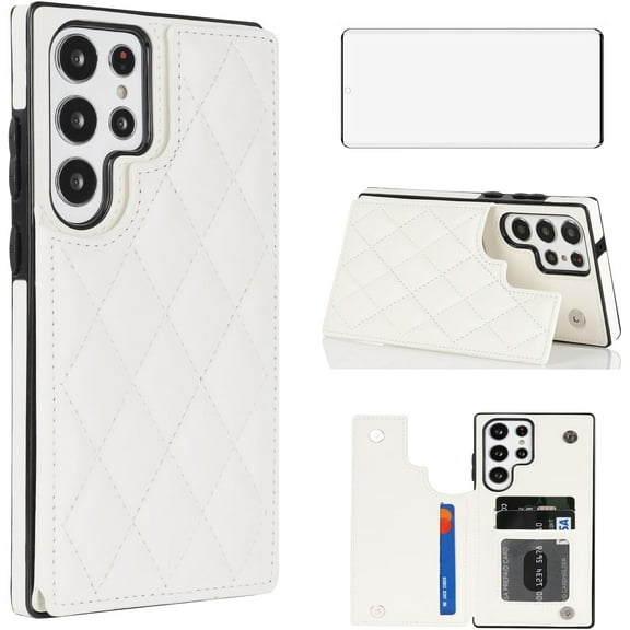 HCTian Phone Case for Samsung Galaxy S23 Ultra 5G Wallet Cover with Tempered Glass Screen Protector and Leather RFID Credit Card Holder Stand Cell S23Ultra 23S S 23 23Ultra 6.8 inch Women Men