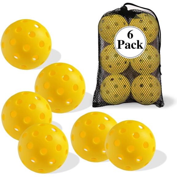 JILhome 6 Pack Pickleball Balls, High Durability Outdoor Pickleball Balls, 40 Holes Pickle Ball with Mesh Bag for Beginners, Professionals, Yellow