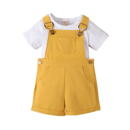 

Baby Girls Outfit Sets Short Sleeve Solid T Shirt Tops Overalls Shorts With Pocket Suspender Trousers Outfits