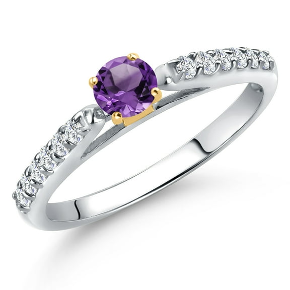 Gem Stone King 925 Silver and 10K Yellow Gold Purple Amethyst and Lab Grown Diamond Engagement Ring for Women | 0.34 Cttw | Round 3.5MM | Gemstone February Birthstone | Size 8
