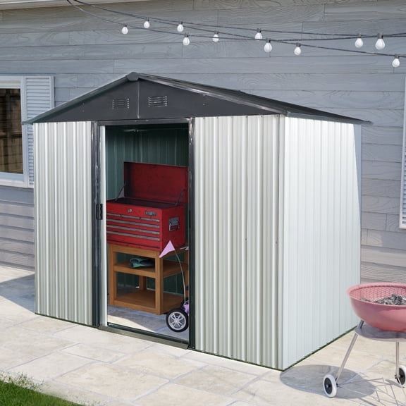 Alvantor 8 x 4 FT Outdoor Storage Shed Metal Garden Shed with Sliding Door and foundation for Backyard, Garden, Coffee