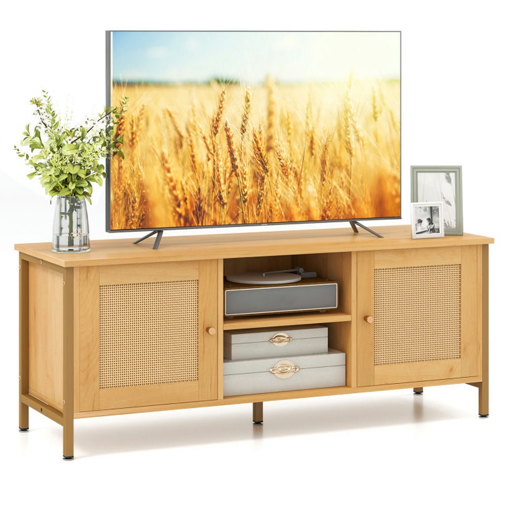 Finihen TV Stand, Entertainment Center, Boho TV Stand for TV up to 55 Inches with Faux Rattan Door, for Living Room, Natural