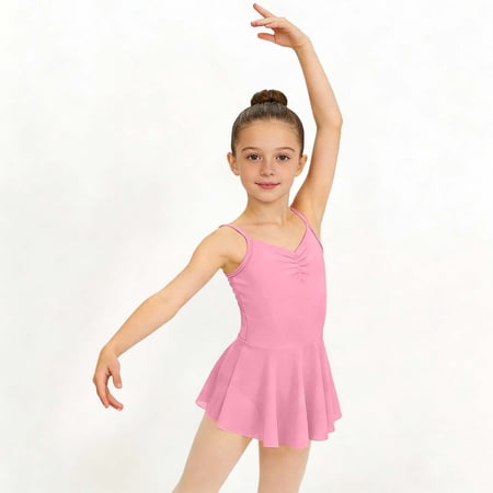 AUNVITO Girls Sleeveless Spaghetti Strap V-Neck Ballet Dance Dress Sheer for Practice and Performance