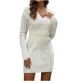thumbnail image 1 of cfhntfmh Robes Chandails pour Femmes Doux Col en V Manches Longues Robe Chandail en Tricot Hiver Chaude Couleur Unie Robe Mini, 1 of 7