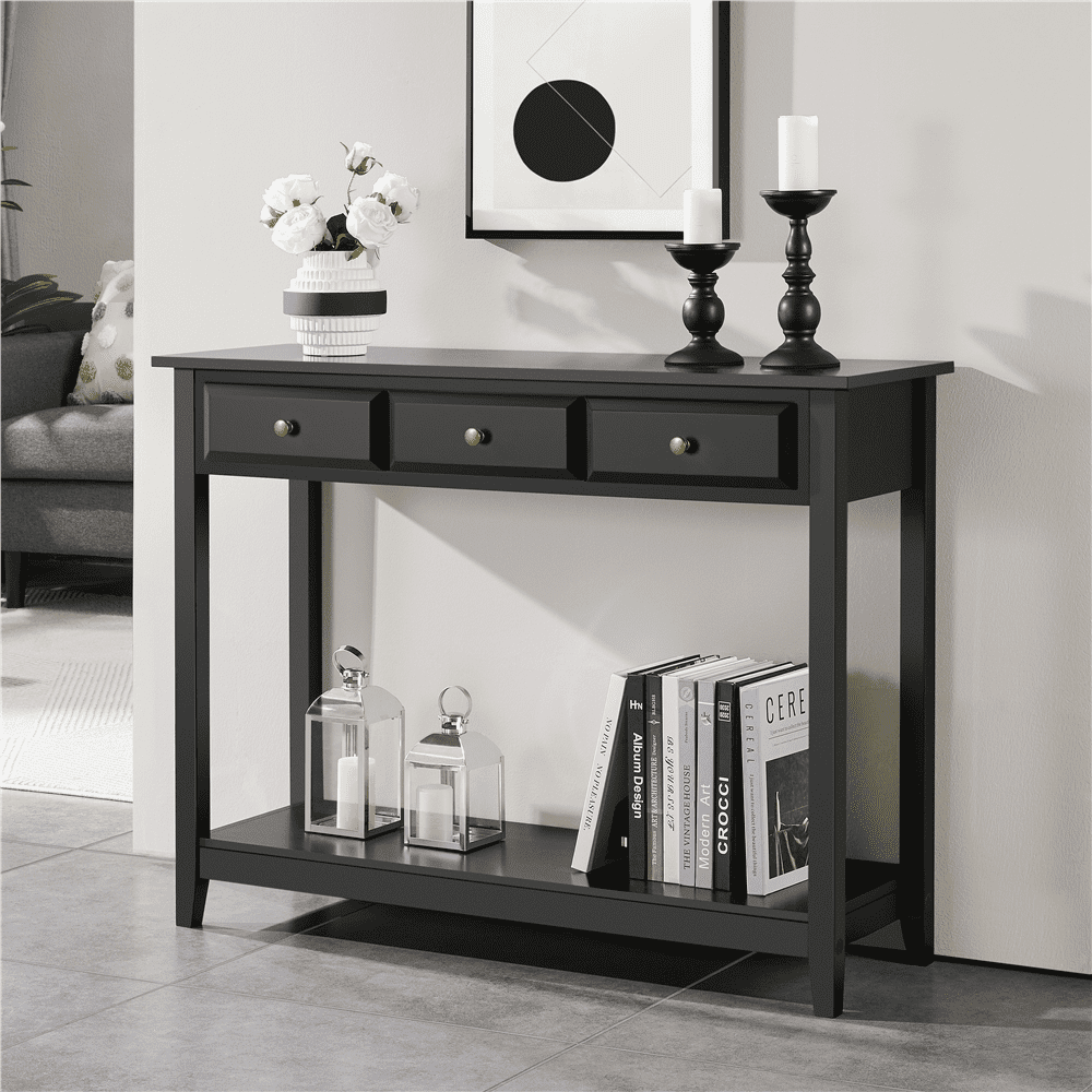 Fullfurnique 3-Drawer Minimal Style Console Table with Pine Wood Legs and Storage Shelf, Black