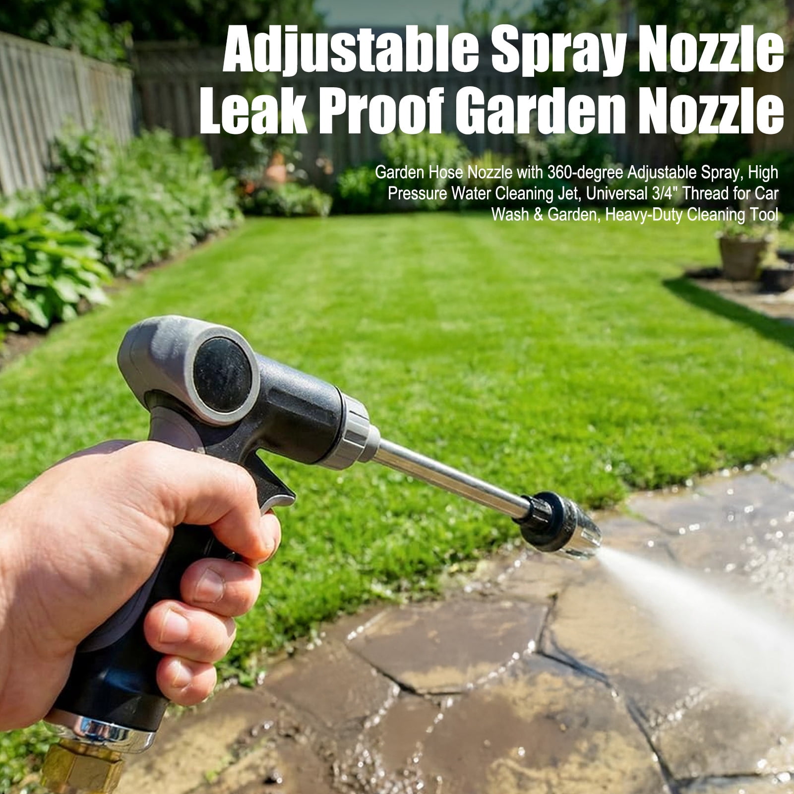 Garden Hose Nozzle with 360-degree Adjustable Spray, High Pressure Water Cleaning Jet, Universal 3/4" Thread for Car Wash & Garden, Heavy-Duty Cleaning Tool