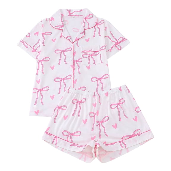 eczipvz Girls Pajamas Silk PJS Set Bow Satin Sleepwear Short Sleeve Jammies for Kids Button-Down Nightwear White L