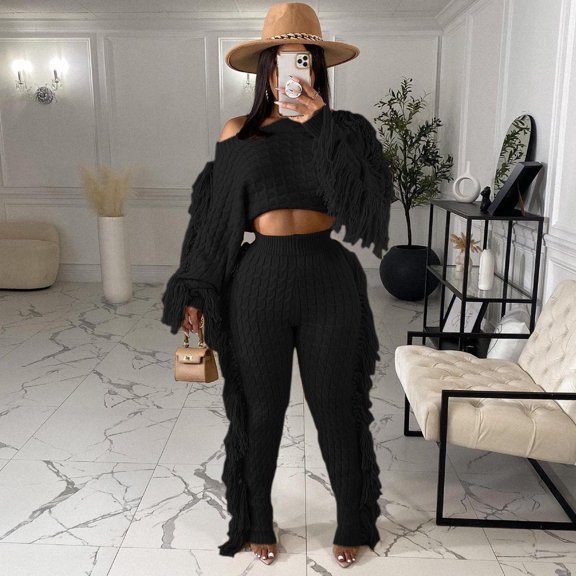 Aoochasliysweat Suits for Womens 2 Piece Women Trendy Casual Clothes Solid Color Two Piece Knitted Long Sleeve Tassel Outfits