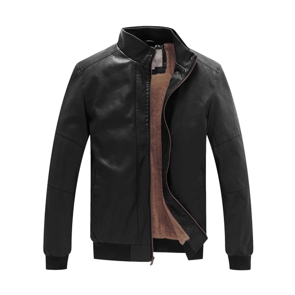 WenVen Men's Leather Jacket Fleece Lined Bomber Faux Leather Jacket Black L