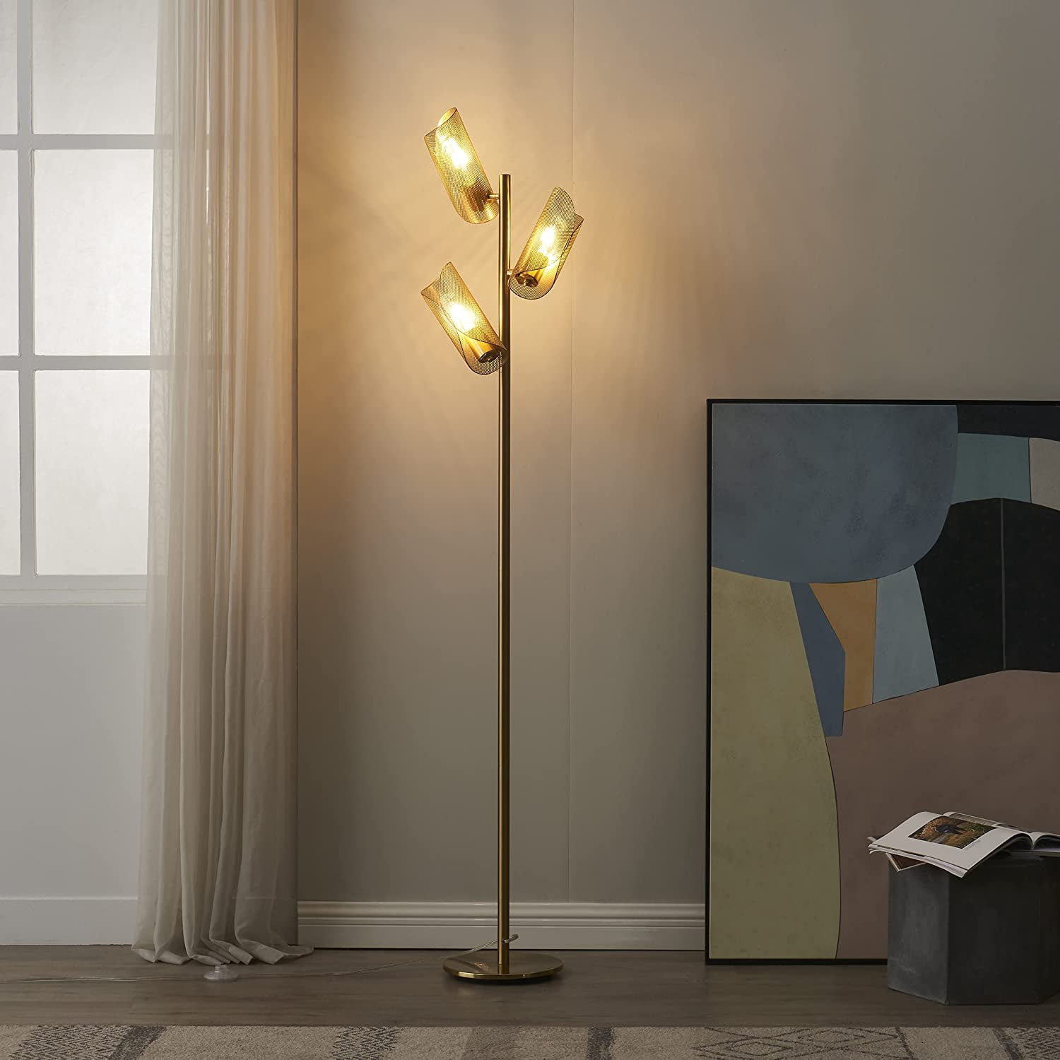 Brightech Lyra 71" LED Tree Floor Lamp for Mid-Century Modern, Contemporary, 3 Light Head Standing Lamp with Metal Cage Shade, Standing Pole Tall Lamp for Living Room, Bedroom - Brass