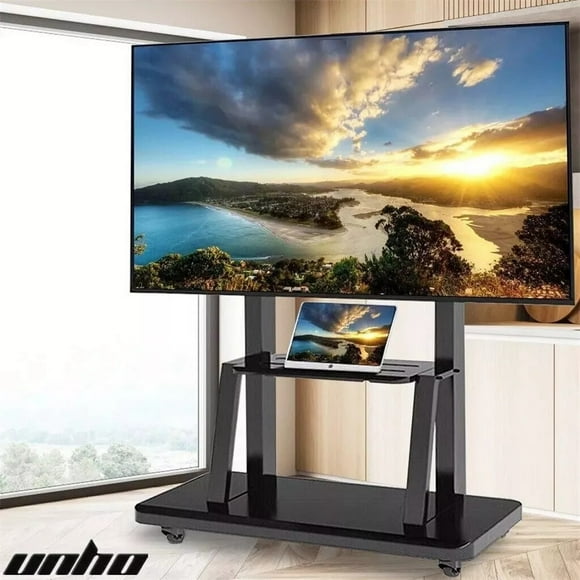 UNHO Heavy Duty Mobile TV Cart Stand on Wheels - 32" to 100" Screen, Adjustable Height, 176lb Capacity, 2 Shelves, Ideal for Office & Meeting