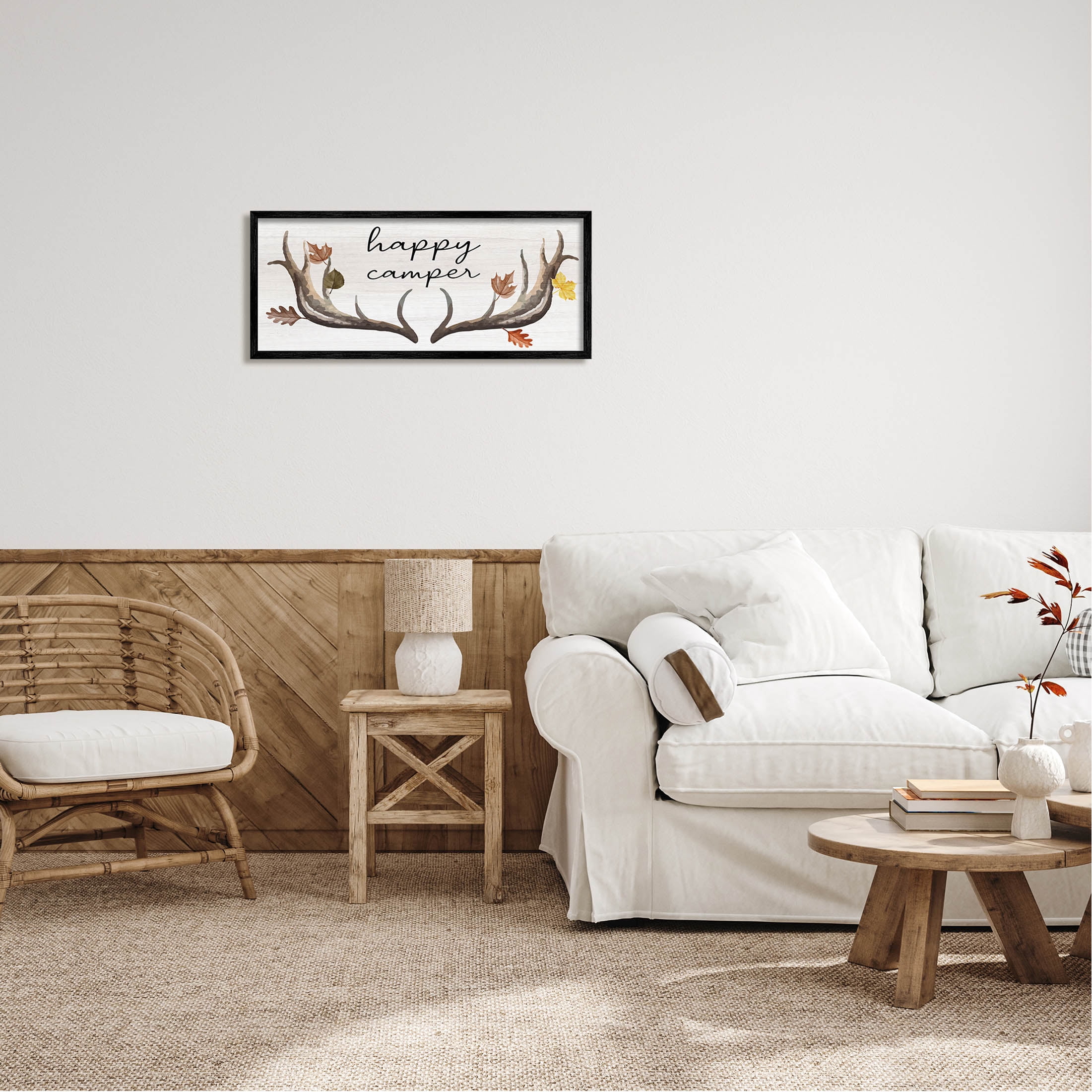 Stupell Industries Happy Camper Autumnal Antlers Graphic Art Black Framed Art Print Wall Art, Design by Lil' Rue