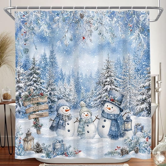 Winter Snowman Shower Curtain Blue Christmas Tree Fabric Bathroom Decor with Hooks 71x71 inches