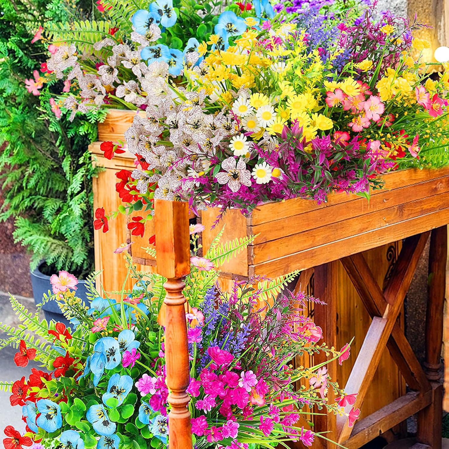 26 Bundles 13 Style Multicolor Artificial Outdoor Flowers, Fake Plastic Plants Faux Lavender Pansies, UV Resistant for Spring Summer Garden Patio Hanging Planter Window Box Vase Decor