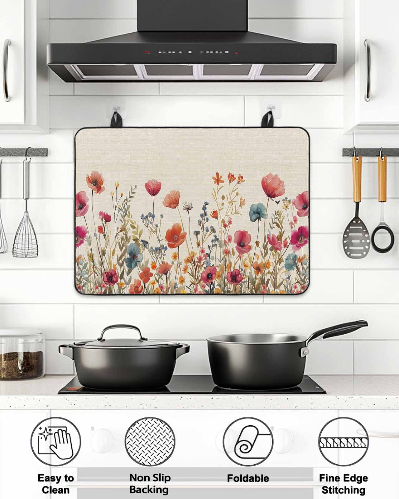 Stove Top Covers for Electric Stove,Pink Orange Teal Spring Floral Glass Stovetop Cover Protector,Watercolor Botanical Summer Flowers Cooktop Protector Oven Mat for Kitchen Countertop 36"x21"