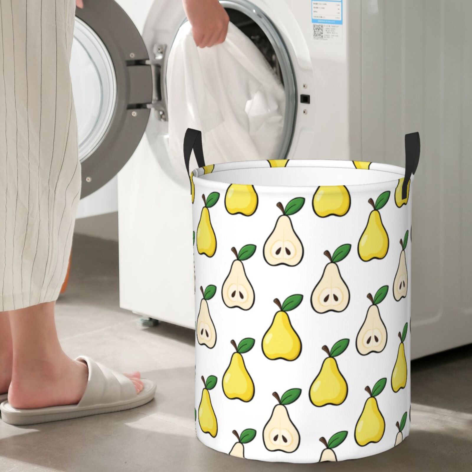 Large Laundry Basket with Handles - Cute Yellow Pear Green Leaves Kids Baby Dirty Clothes Laundry Hamper for Bedroom Aesthetic