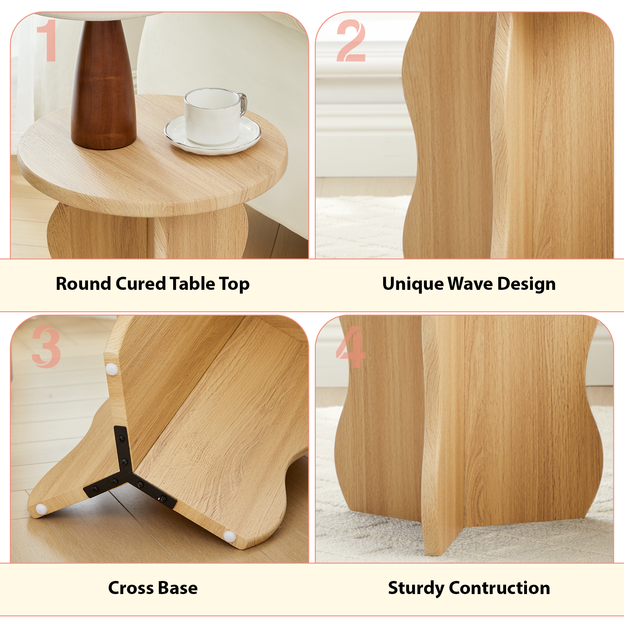 PHOYAL Round Small End Tables for Living Room Set of 2 with Wave Base, Side Table for Bedroom Small Space, Natural
