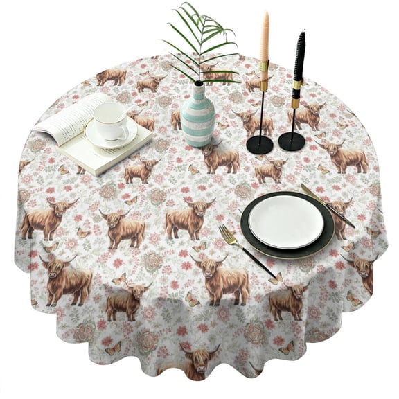 White Highland Cow Flower Butterfly Pattern Round Tablecloth 60"x60",Wrinkle Wipeable Table Cloth for Kitchen Dining Room Picnic Patio Party