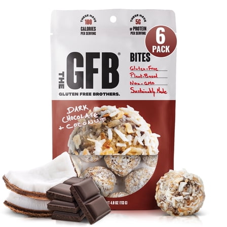 The Gluten Free Brothers, GFB Gluten Free Bites - Dark Chocolate Coconut – Non GMO, Soy Free, Vegan – Snack Size Plant Based Protein Energy Balls, 4 oz (6 Count)