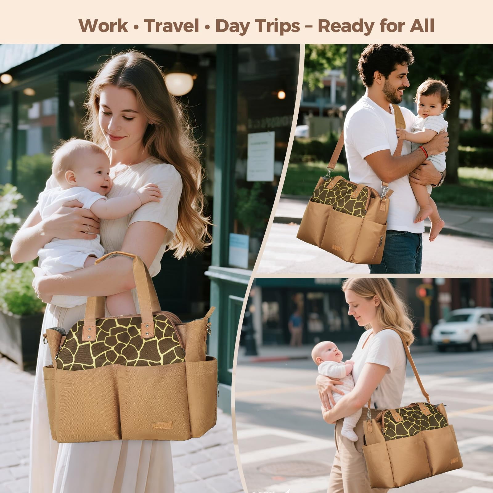 Diaper Bag Tote Large Waterproof with 17 Pockets Portable Changing Pad Crossbody for Mom Travel Hospital Baby Gift Brown