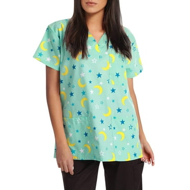 Just Love Women's Scrub Tops (Aqua - Moon and Stars, Small)