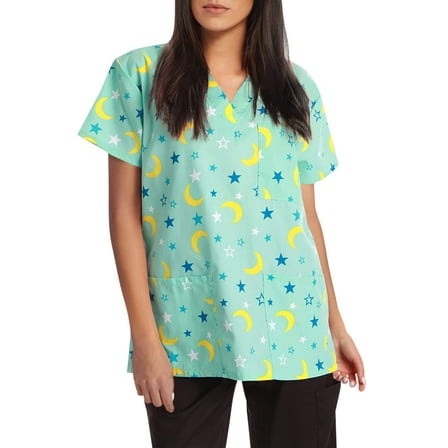 Just Love Women's Scrub Tops (Aqua - Moon and Stars, Small)