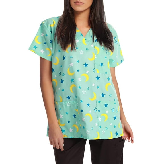 Just Love Women's Scrub Tops (Aqua - Moon and Stars, Small)