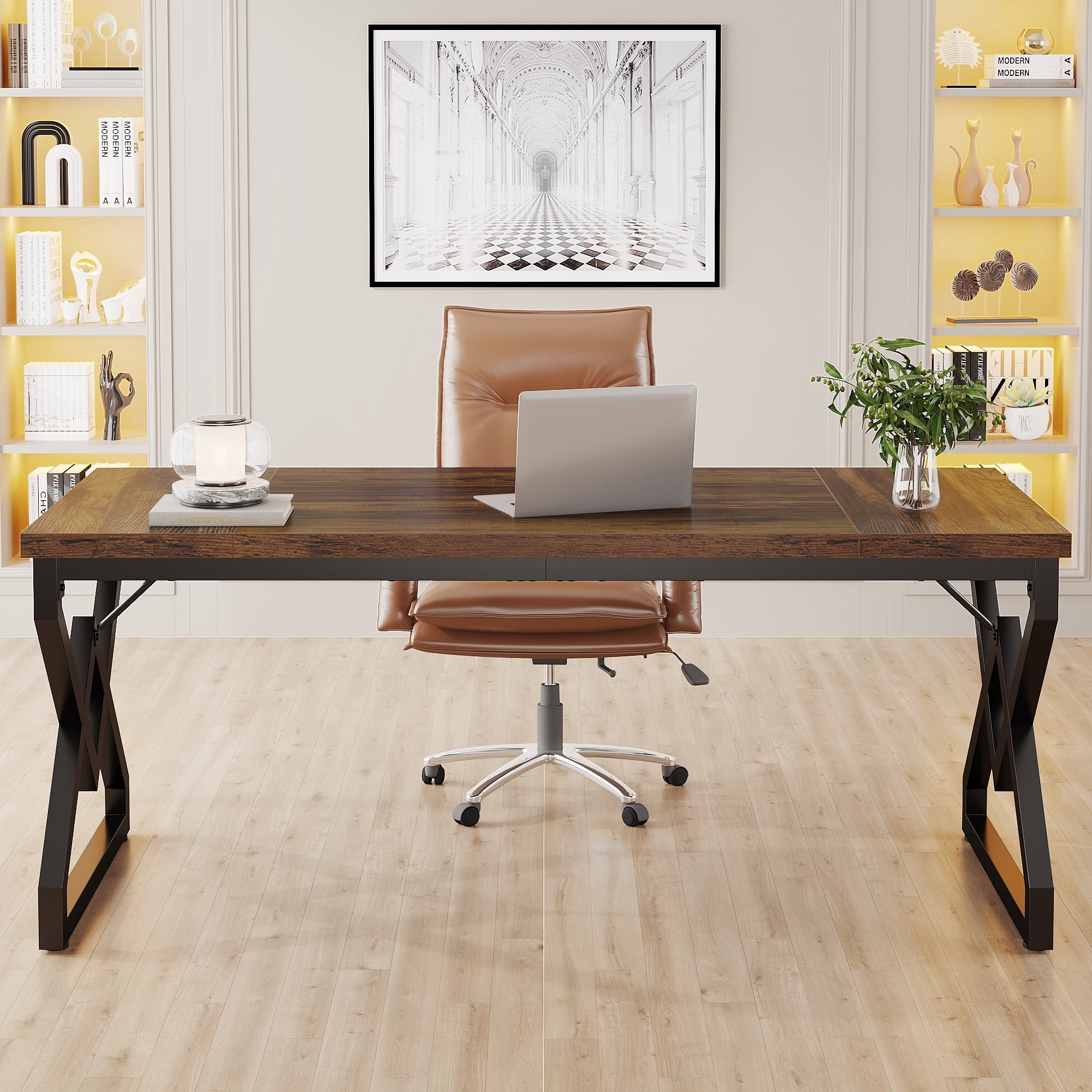 Tribesigns 63 Inch Computer Desk, Large Executive Desk with Thicker Frame, Modern Simple Computer Desk for Home Office, Brown&Black