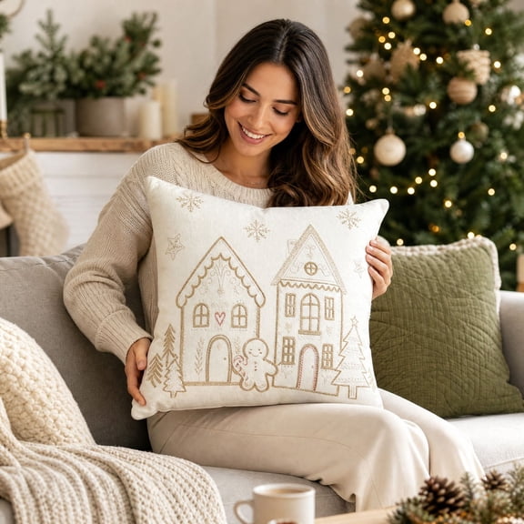 Talqzovs Christmas Decorative Throw Pillows , 18x18 Gingerbread House Embroidered Cushions for Sofa Couch Bed Living Room Indoor Xmas Home Decor
