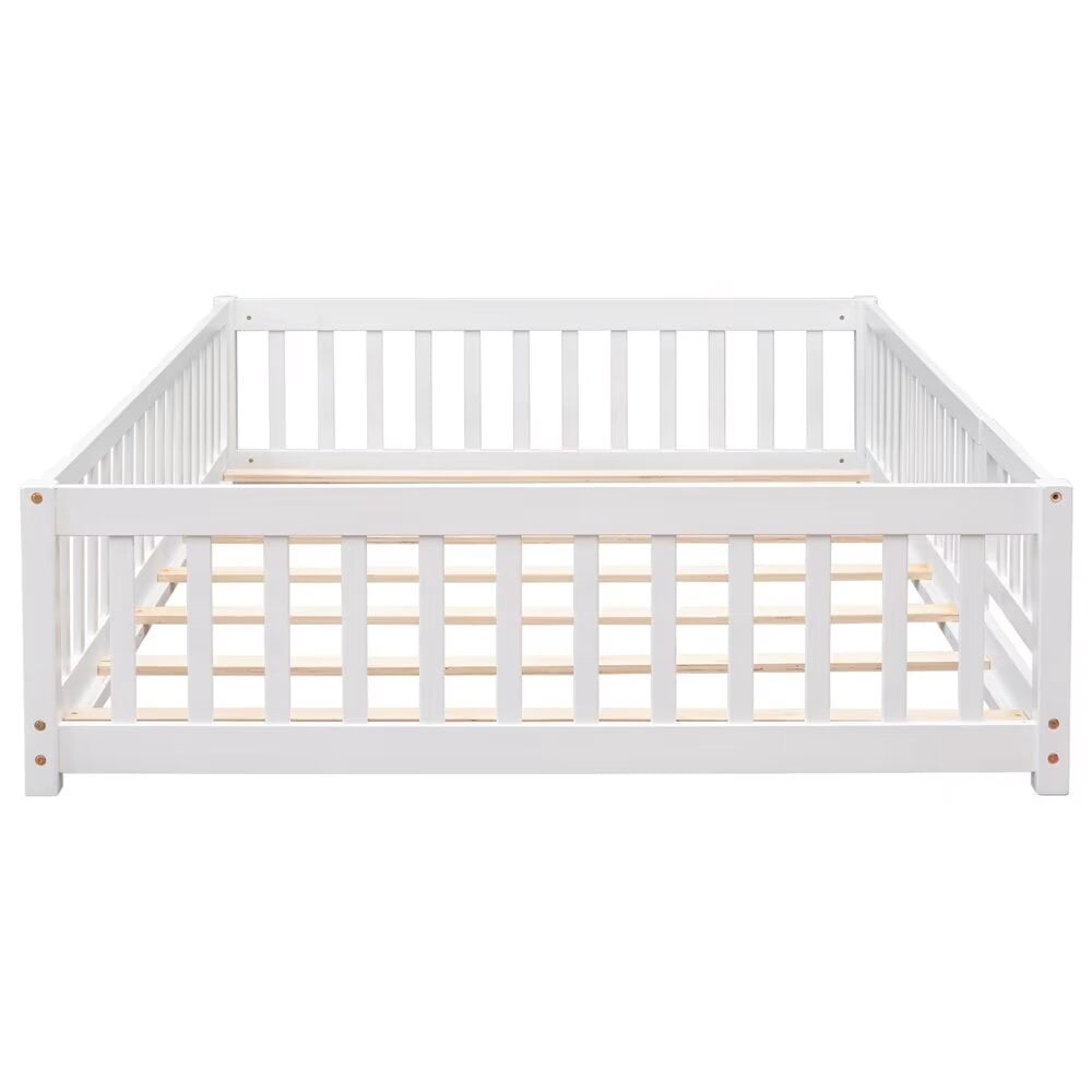 Full Size Floor Bed Frame, Wooden Montessori Bed with 7 Wood Slats, Fence-Shaped Guardrails and Door, No Box Spring Needed, White