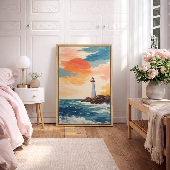 Framed Canvas Wall Art Lighthouse Sunset Seascape Print for Living Room Decoration - 16"x24" NATURAL