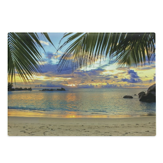 Tropical Cutting Board, Exotic Beach Sundown Hawaii Palm Trees Foliage Idyllic Summer Nature Photography, Decorative Tempered Glass Cutting and Serving Board, Large Size, Multicolor, by Ambesonne