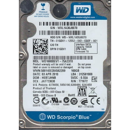 WD1600BEVT-75A23T0, DCM HEBTJHNB, Western Digital 160GB SATA 2.5 Hard Drive