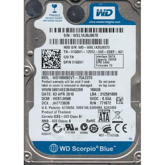WD1600BEVT-75A23T0, DCM HEBTJHNB, Western Digital 160GB SATA 2.5 Hard Drive