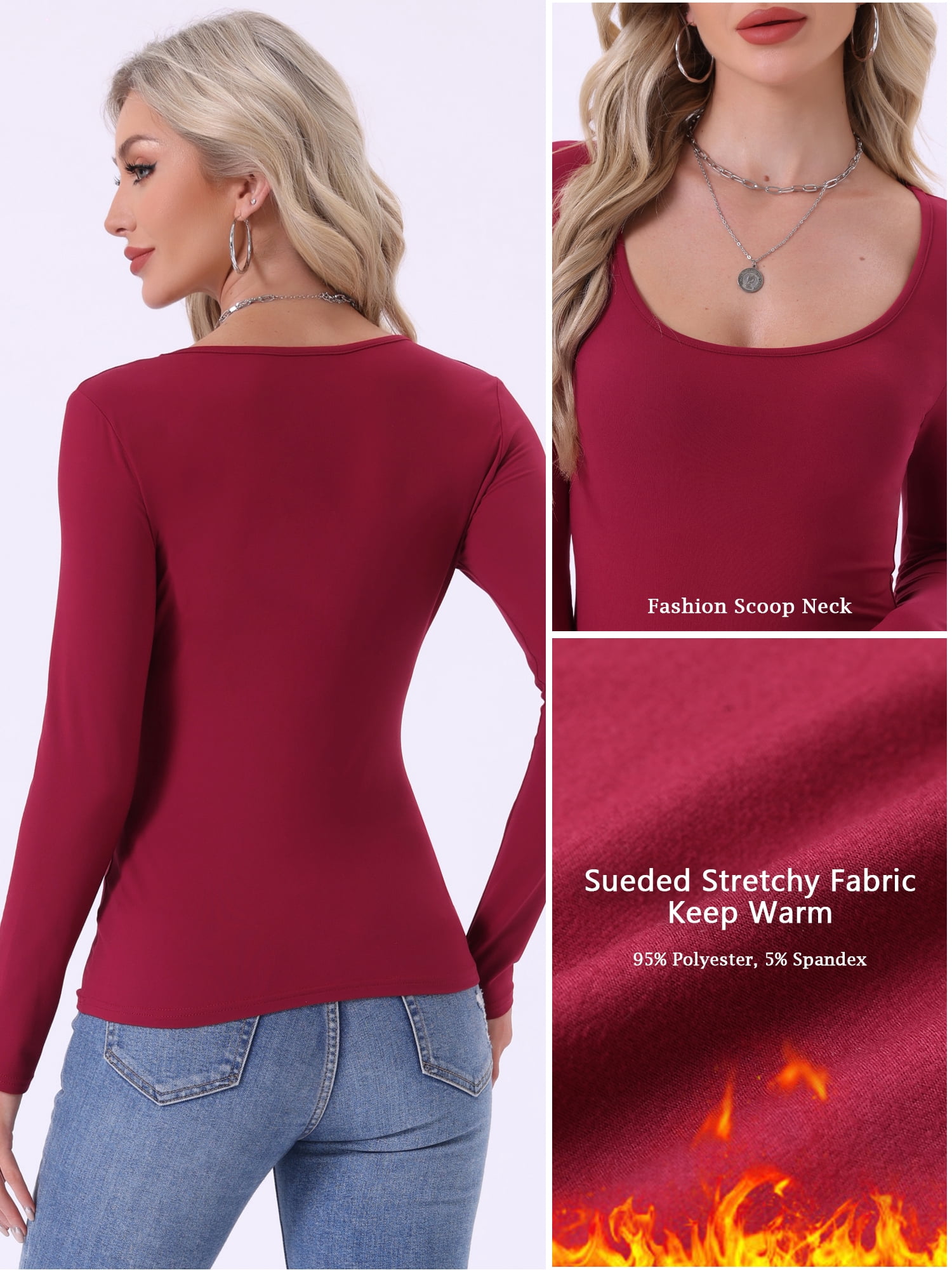 DARING DIVA Women's Scoop Neck Long Sleeve Slim Stretchy Thermal Tee L Red