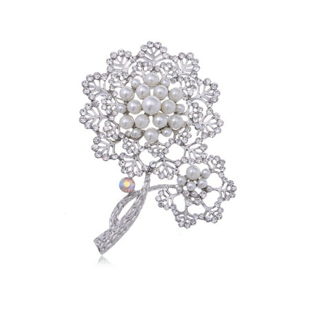 Designer Flowers Brooch - Silver Tone Faux Pearl Rhinestone Two Dandelion Flowers Fashion Pin Brooch