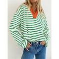 thumbnail image 4 of Rdhnmea Women Long Sleeve T-Shirts Stripe Turn-Down Collar V-Neck Shirts, 4 of 7