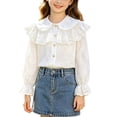 thumbnail image 2 of BRGZLK Back to School Shirts for Girls 2026 Autumn Cute Ruffle Trim Tie Neck Button Down Long Sleeve Blouse School Uniform Dress Tops White E 5-6 Years, 2 of 8