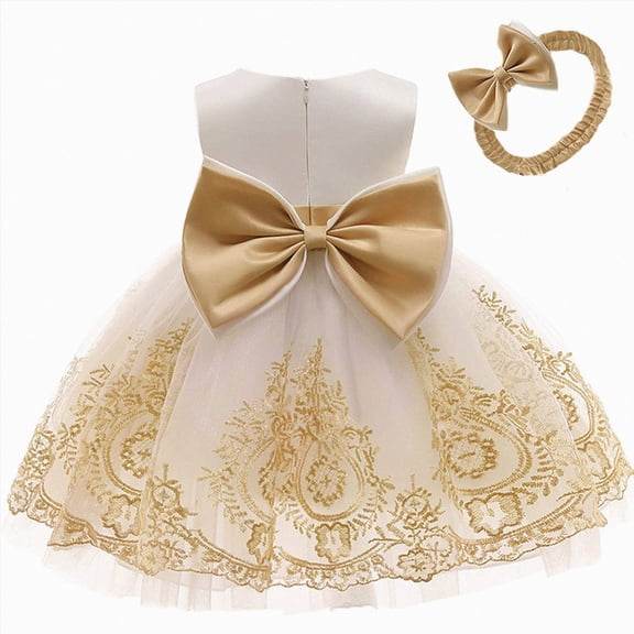 Splozh Birthday Girl Outfit Princess Dress Baby Girl Pageant Lace Dress Toddler Party Bowknot Tutu Gown Dress with Headwear,Gold,12-18 Months