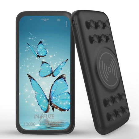 

INFUZE Qi Wireless Portable Charger for Samsung Galaxy A32 5G External Battery (12000 mAh 18W Power Delivery USB-C/USB-A 3.0 Ports Suction Cups) with Touch Tool - Blue Butterfly